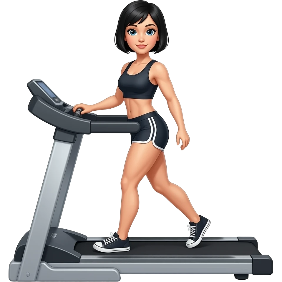female, short black haircut, muscular and thin on a treadmill seeing from the front emoji