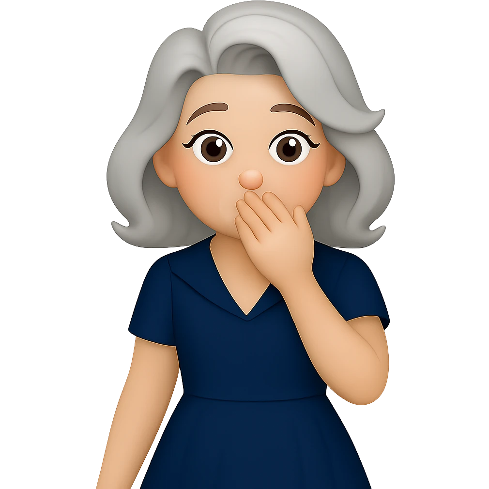 Extend the woman's hair so it is fully visible and not cropped at the top or sides. Keep her bashful expression, retro cocktail dress, and hand covering mouth. The style should resemble emoji style with a transparent background. emoji