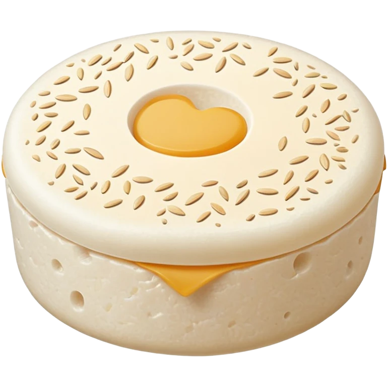 single round rice cake with light puffed texture, pale off-white color, speckled with tiny grains and air pockets, slightly uneven matte surface, crisp edges, delicate crunchy appearance, no packaging, no toppings, no extras, soft lighting, subtle shadows, emoji scale emoji