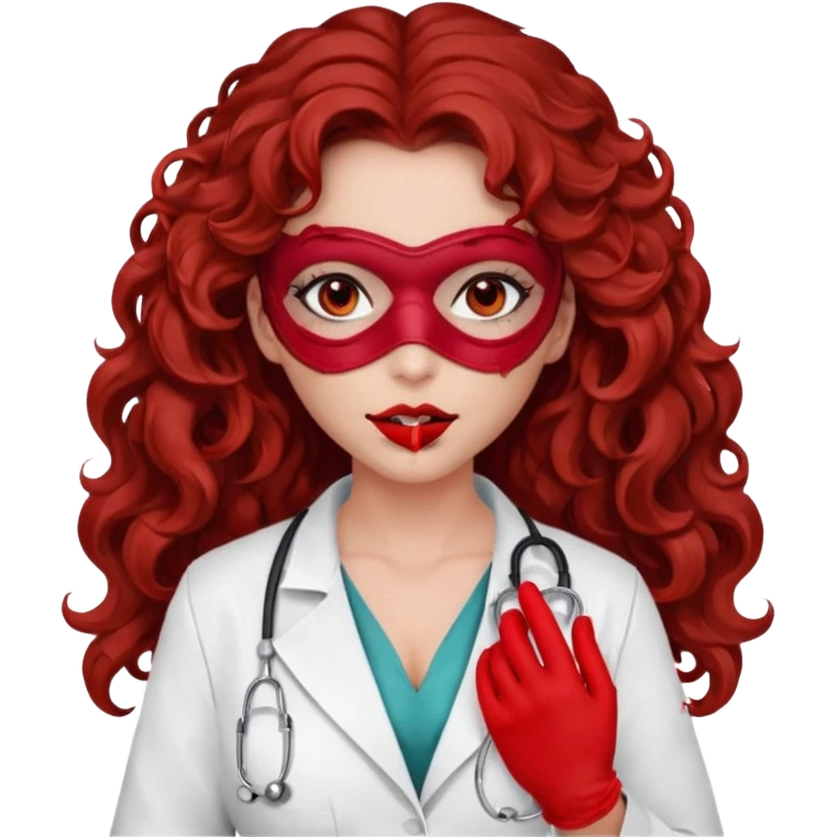 Lilith scalpel in hand, evil surgeon sexy surgeon clothes.  She has red eyes.  Hair is long. Hair is brown and curly hair. Wears sexy doctor outfit with red gloves. Covers mouth and neck mask rec red emoji