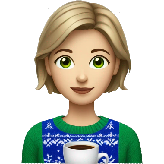 Light brown short haired girl with green eyes drinking coffee wearing blue Christmas sweater emoji