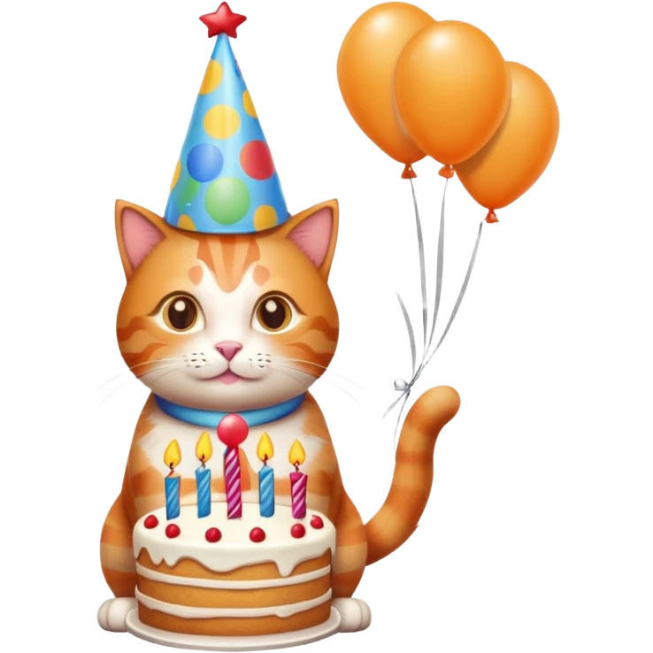 Ginger cat celebrates birthday, birthday hat, birthday cake, balloons, happy emoji