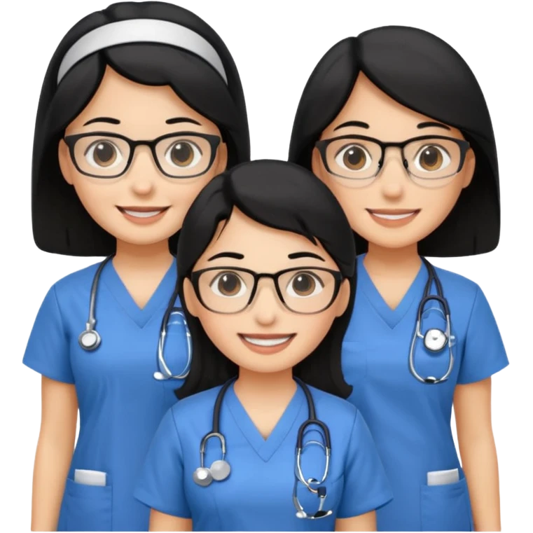 Genera emogis de 4 cuatro enfermeras de cabello negro largo, una de ellas con lentes emoji