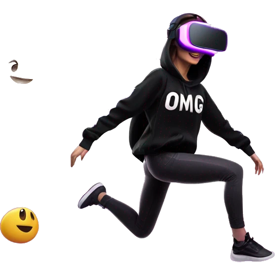 Russian girl wearing black hoody with violet letters "OMG", in vr headset oculus quest2. jumping. Cyberpunk style. Violet neon. emoji