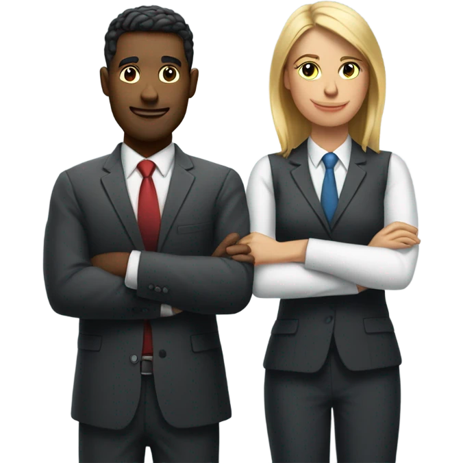 two buisness man and a buissness women arms folded happy emoji