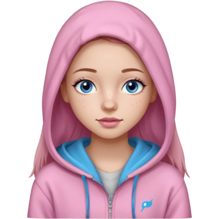 Create a TEENAGE girl with LONG and straight light brunette hair with a middle part, light skin, light freckles, and blue-gray eyes. She will have pink lips and LONG eyelashes. She will be wearing a light pink zip-up hoodie that is off her shoulder. emoji