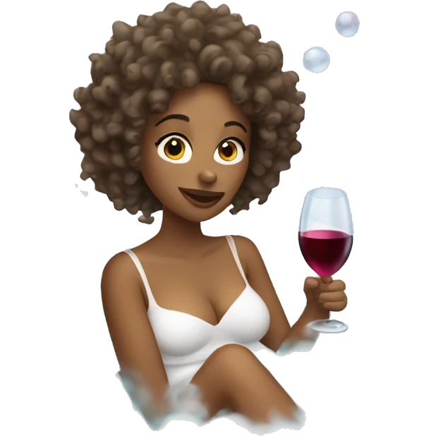 White Woman with curly hair drinking wine in a bubble bath emoji