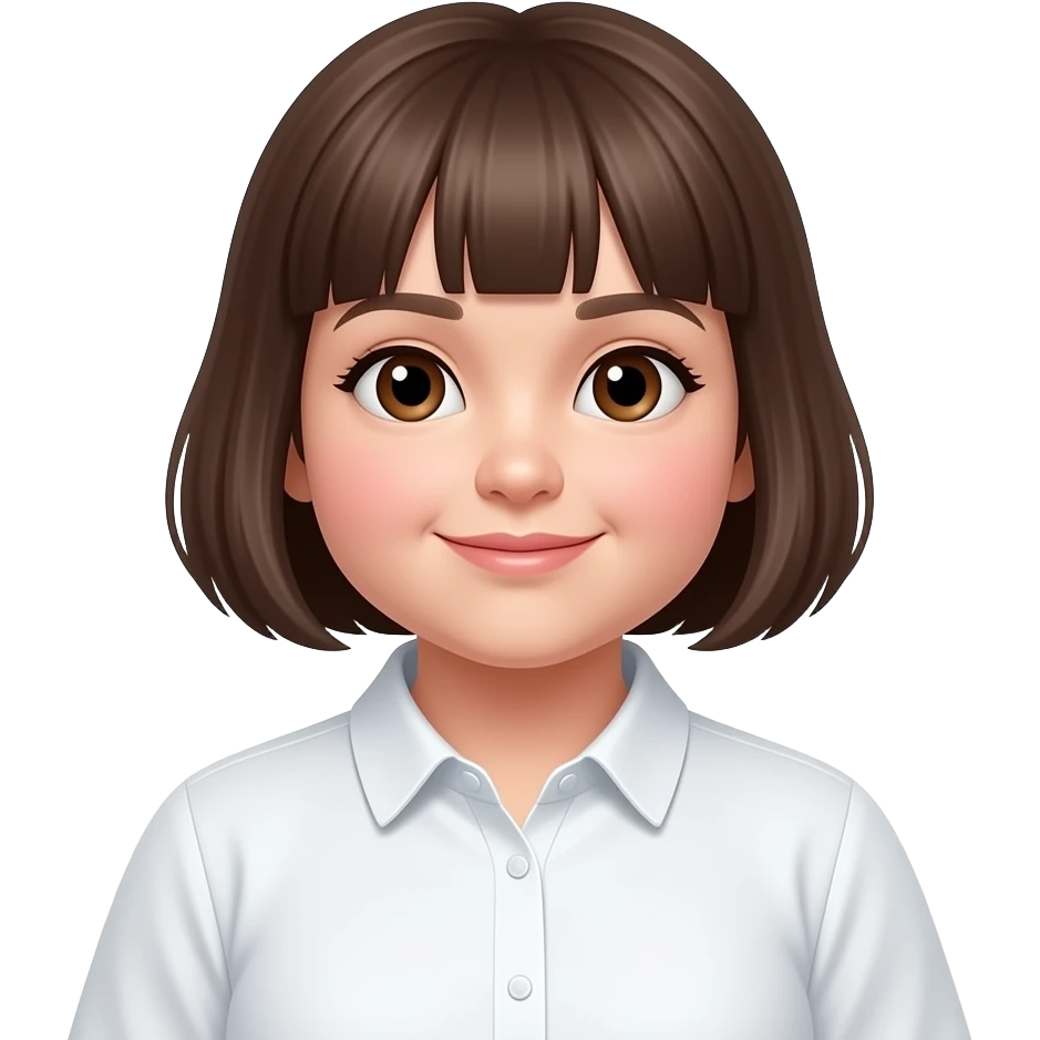Una niña piel blanquita rellenita con fleco cabello corto y color castaño ojos color cafes con camisa blanca de botones emoji