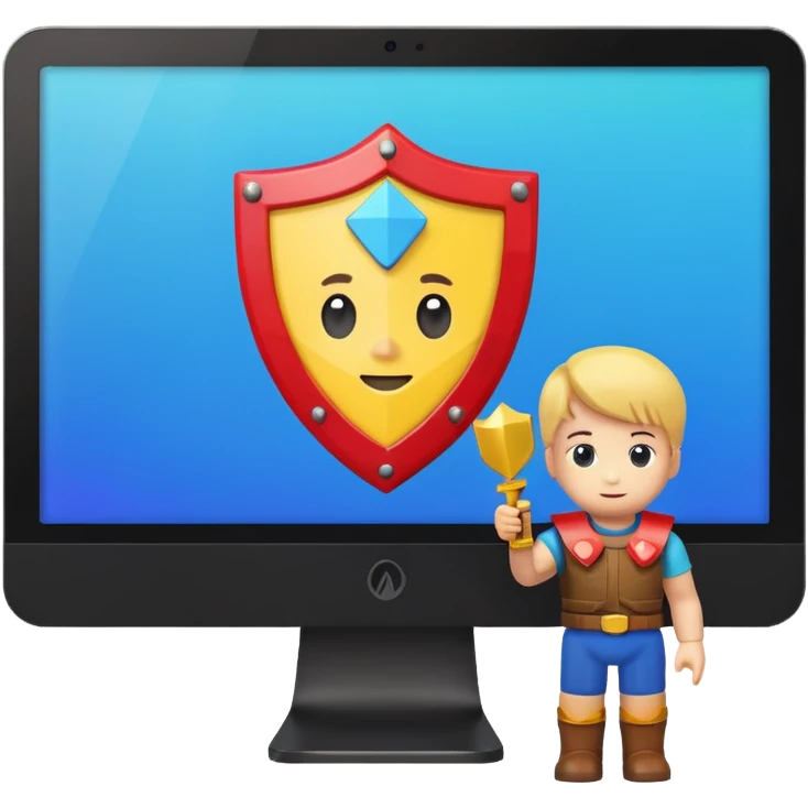 a computer screen with a shield and a child's figurine emoji