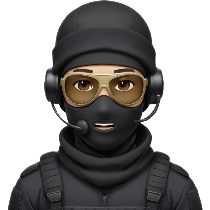 Futuristic special forces soldier wearing a white knit full-face balaclava, black wraparound tactical sunglasses, and a black backward cap over the balaclava. The soldier has a large professional military headset with a microphone. He is dressed in a black hoodie, with no tactical vest or armor. emoji