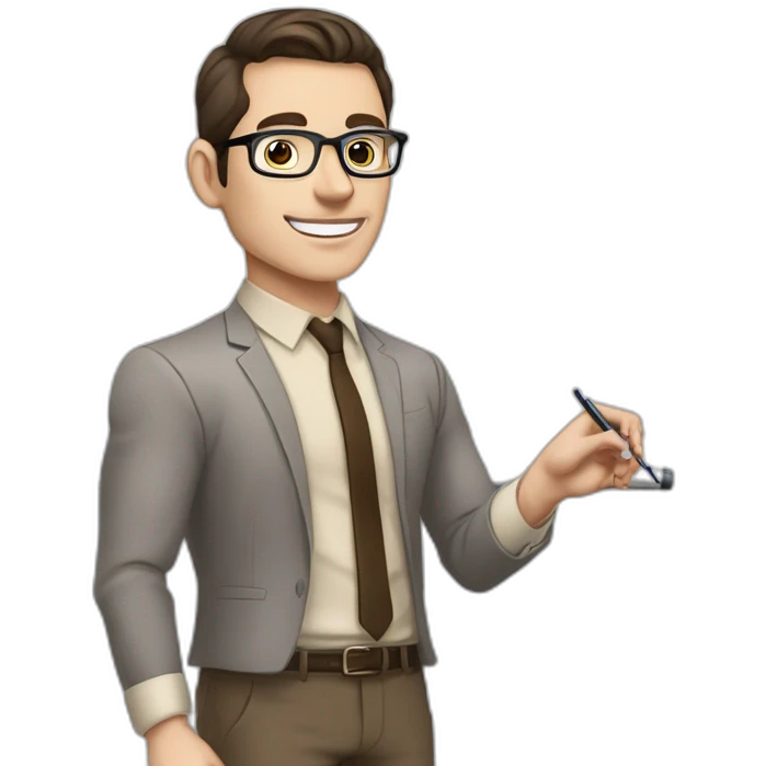 Pale skinned fit man with dark brown hair in gray jacket, beige office shirt, brown tie, brown pants and vintage glasses Writing text on the flipchart emoji