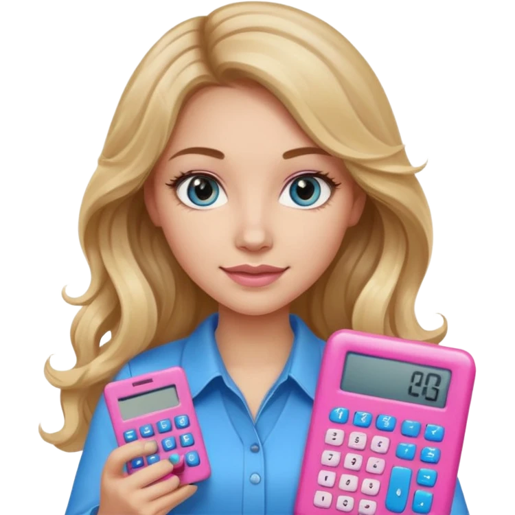 pretty female with long wavy brown hair with blonde highlights and blue eyes holding a pink calculator emoji