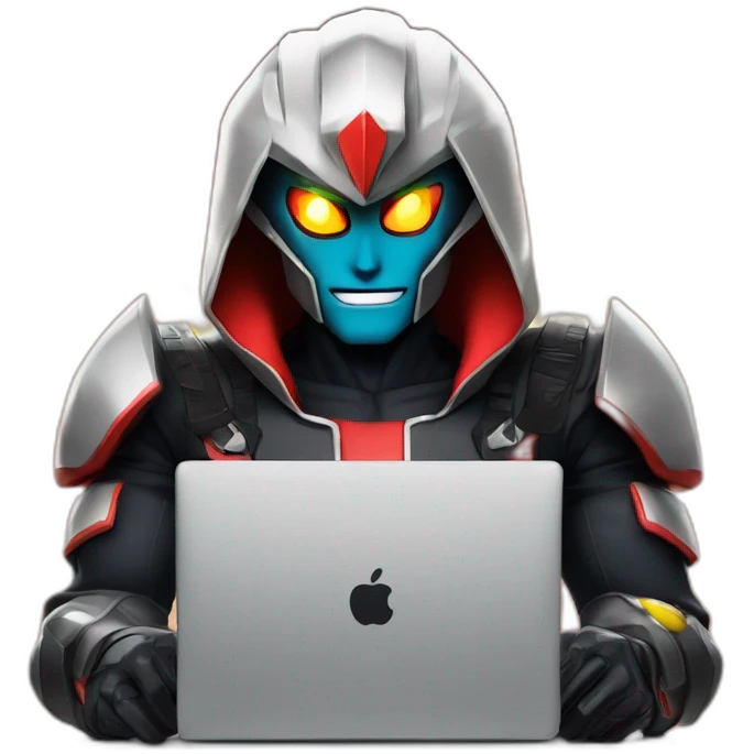developer behind his laptop with this style :  goldorak manga anime with hacker themed character emoji