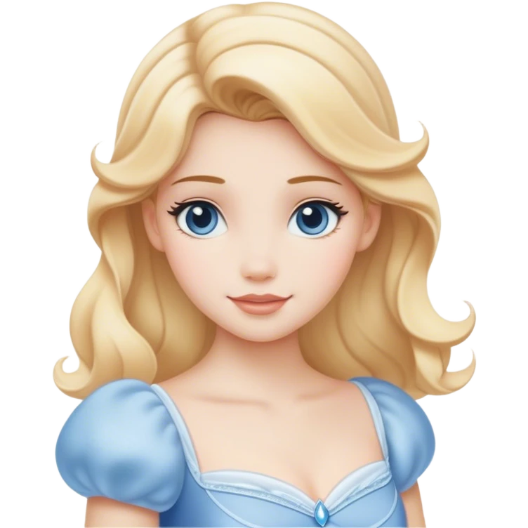 Cinematic Serene Cinderella Portrait Emoji, rendered in a realistic, vector-style with minimal shading. Depict a gentle Cinderella (chest and above) with porcelain skin, smooth blonde hair falling in soft waves, and calm, inviting eyes. Dressed in her modest daytime dress, she exudes quiet grace and pure enchantment, highlighted by a soft glowing outline. emoji