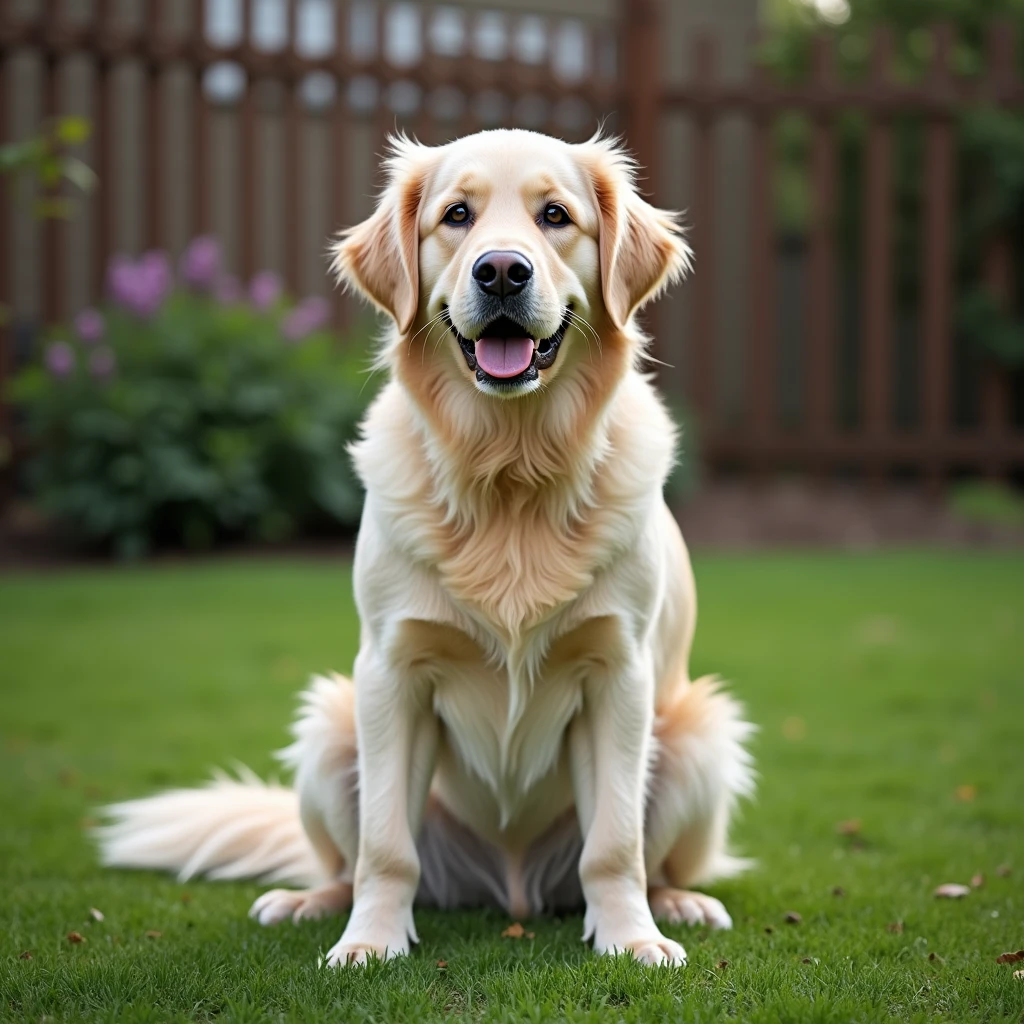 adult english cream golden retriever sitting on grass, facing camera, fence in the background emoji