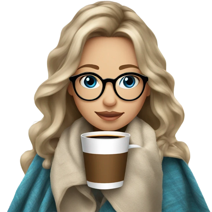 Balayage hair Girl drinking coffee, with a cozy blanket wearing glasses with blue eyes  emoji