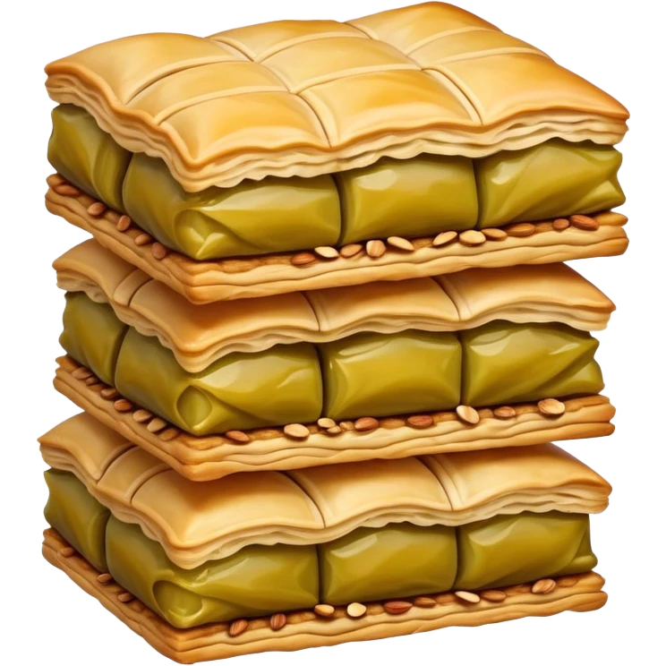 Cinematic Realistic Baklava Dessert Emoji, depicted as layers of flaky pastry with honey and nuts rendered with rich textures and warm, inviting lighting. emoji