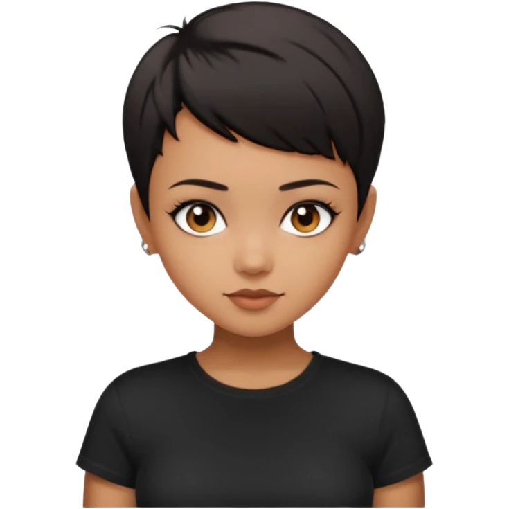A girl with black short pixie haircut cut, dark brown eyes that almost look like black, caramel tone skin colour. Wearing a black t-shirt.  emoji