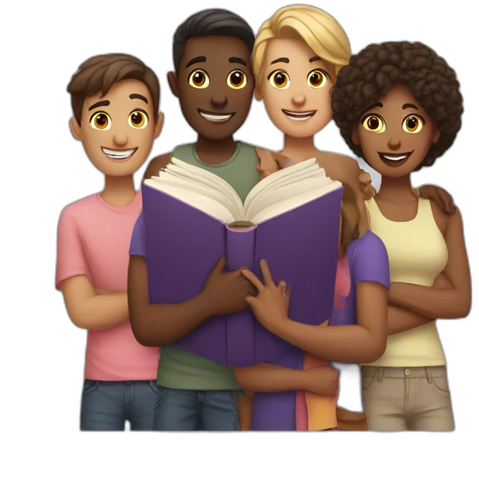 group of friends with a book emoji