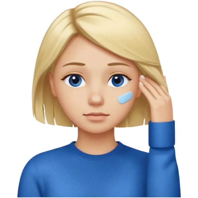Girl massaging her head with blonde hair with anti-dark circles patches dressed in a blue sweater emoji