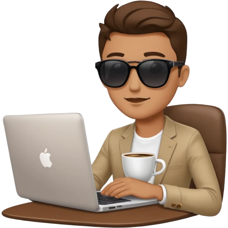 stylish man in sunglasses sitting with a laptop and coffee emoji