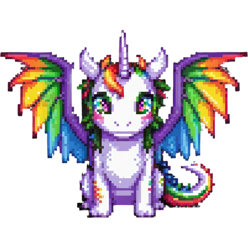 dragon with oversized eyes, rainbow-colored wings, and a unicorn horn emoji