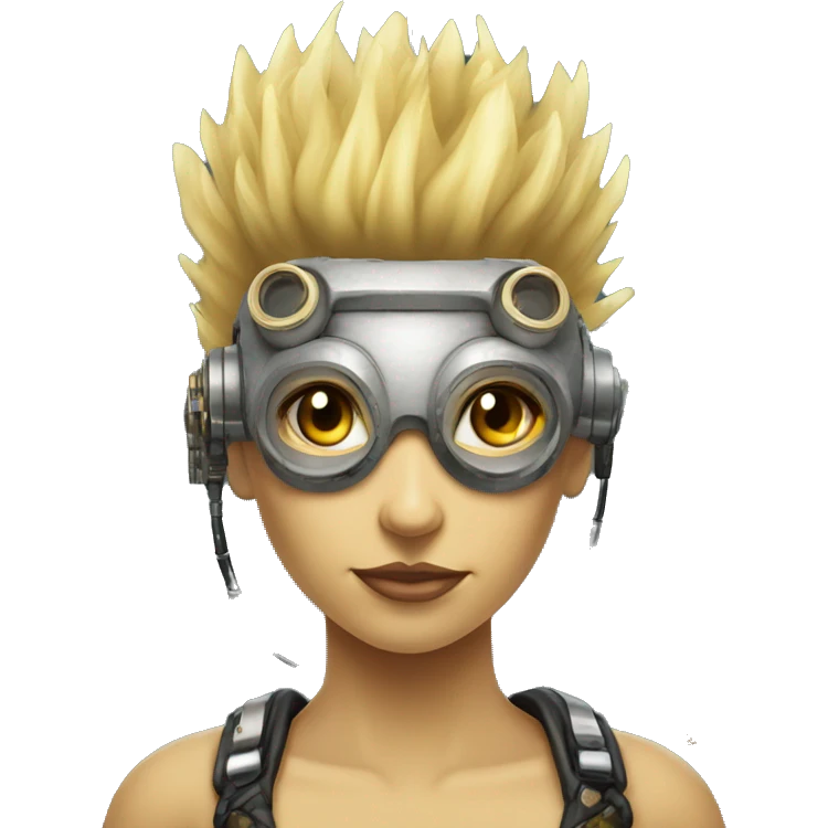 Light yellow Mohawk hair female cyborg head, tan skin, steampunk goggles and circuits emoji
