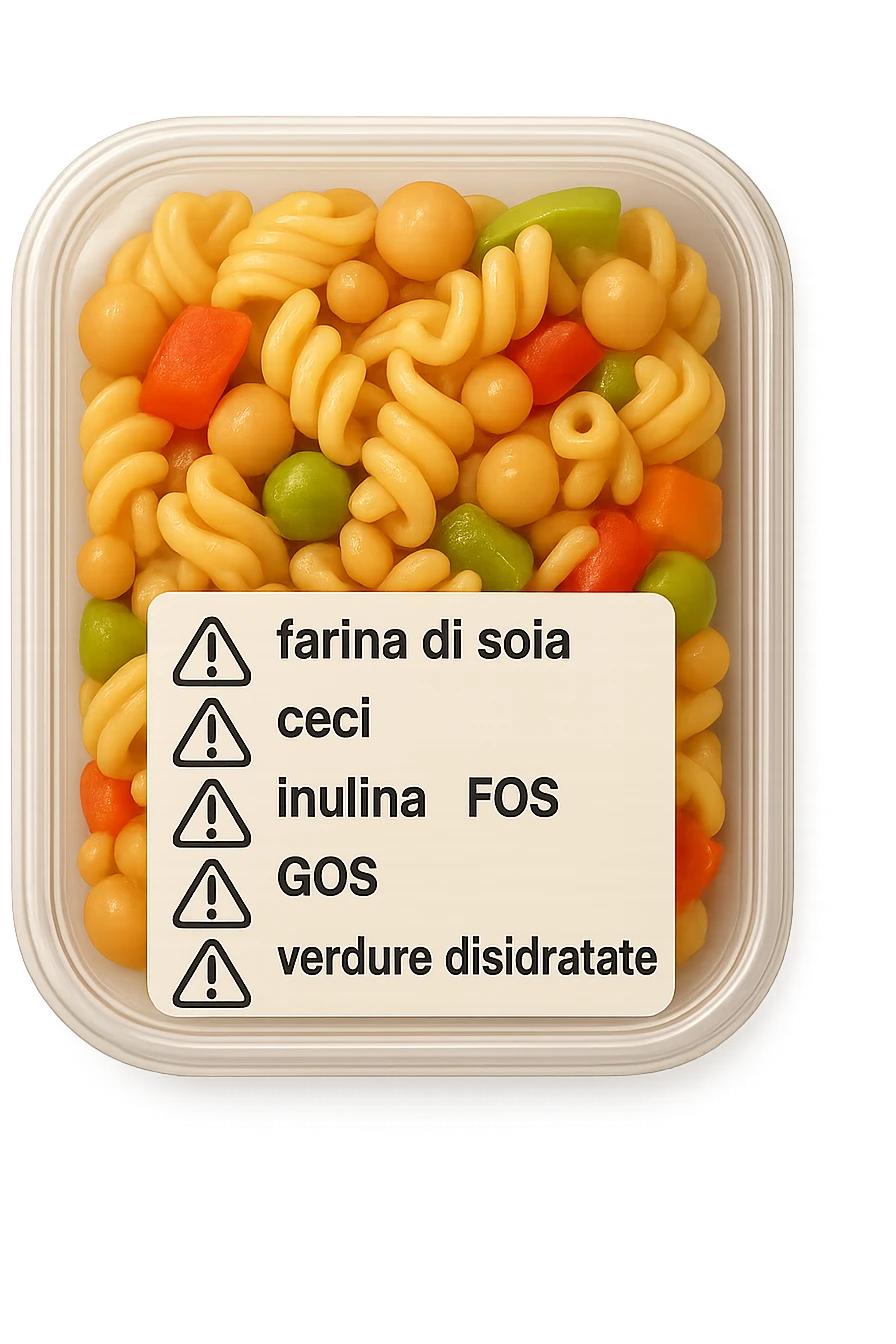 SU QUESTO STILE FAI UN EMOJI STILE IPHONE 3D DI UN insalata di pasta precotta preconfezionata con ETICHETTA CON GLI INGREDIENTI SCRITTI, "farina di soia, ceci, inulina, FOS, GOS, verdure disidratate" accanto ad ogni nome scritto mettici un segnale di allarme, FALLO MOLTO REALISTICO IN 3D emoji