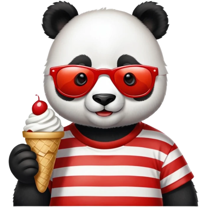 Panda with sunglasses that eat an ice cream with a red and white t-shirt emoji