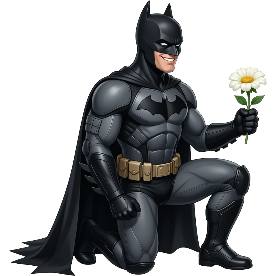 batman( full balck dangereous armored suit) proposing to someone with white flower on knees(don't show the girl), only happy, batman (a bit side angle) emoji
