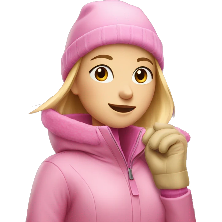 Blonde girl wearing pink winter coat, hat and gloves emoji