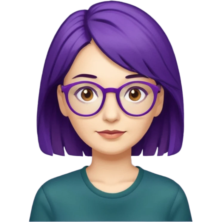 Cartoon 50-year-old youthful woman with purple glasses, brown eyes, and indigo hair to her shoulders in a dark green shirt. emoji