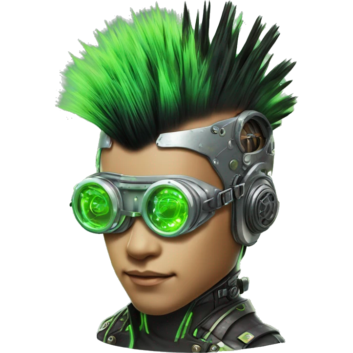 Mohawk hair with neon green highlights Asian male cyborg head with neon silver steampunk goggles and circuits emoji