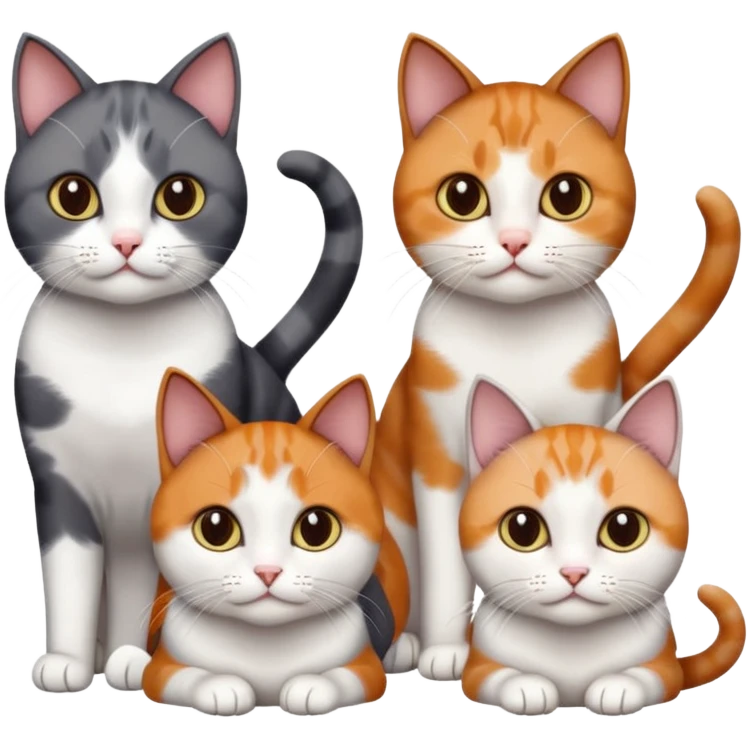 4 different coloured short haired cats including; a dark brown and white cat, and a dark grey and white, and a calico emoji