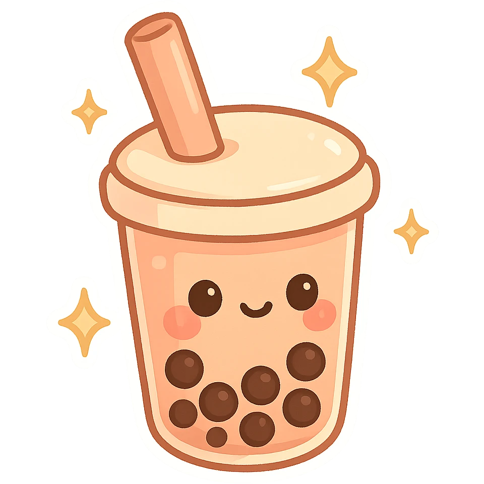 chibi sticker-style bubble tea with sparkles, cute and exaggerated emoji