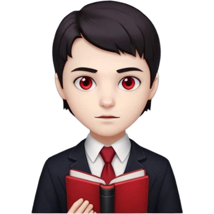 {
      "type": "human",
      "look": "young vampire student, tidy uniform, tie, red eyes, holding book",
      "description": "a young vampire student with red eyes wearing a neat uniform and holding a book"
    } emoji
