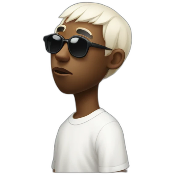 tyler the creator with a short white wig and dark sunglasses looking looking slightly annoyed side view emoji