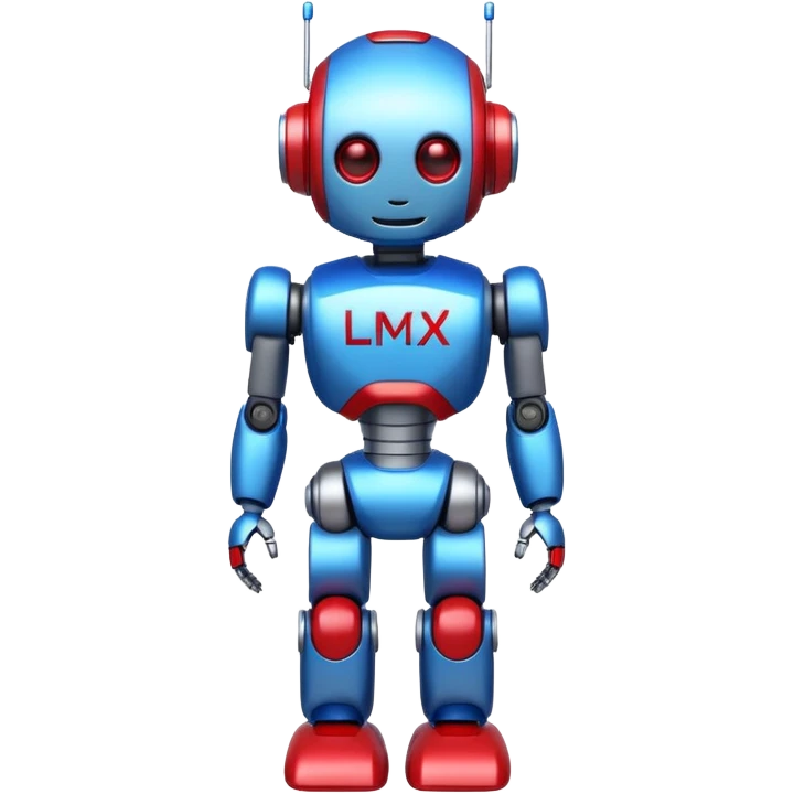 generate cute full body robot glossy, realstic, red and blue color, add text on chest "LMX" emoji