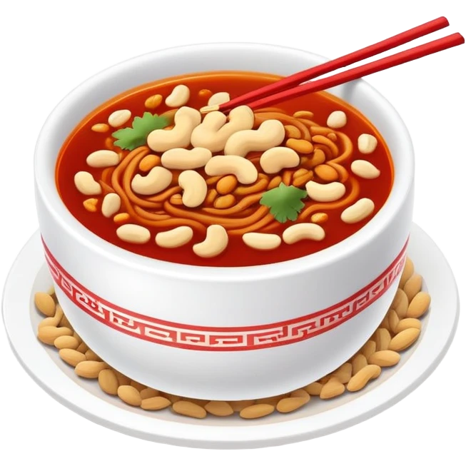 Chongqing Xiaomian with red spicy broth and peanuts, simplified emoji style with bold outlines and bright colors, cartoon style hot Sichuan street noodles emoji