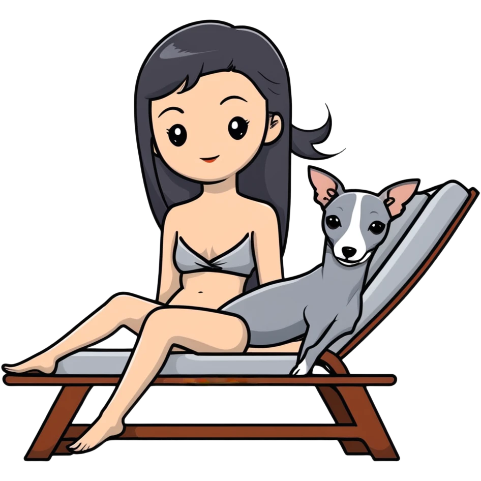 Very thin Chinese woman with long black hair relaxing on a spa lounger with exactly ONE Italian greyhound. CRITICAL REQUIREMENT: the dog must be ONLY ONE SOLID GREY COLOR from nose to tail with NO WHITE or LIGHT AREAS anywhere - NO white face, NO white muzzle, NO white chest, NO white paws, NO white tail tip - NOTHING BUT A SINGLE SHADE OF GREY throughout the entire animal emoji