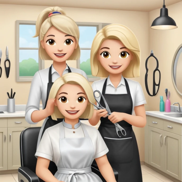 friendly and cheerful salon scene with a woman client smiling in chair wearing an apron and a female hairstylist smiling behind her holding scissors, bright and positive atmosphere emoji