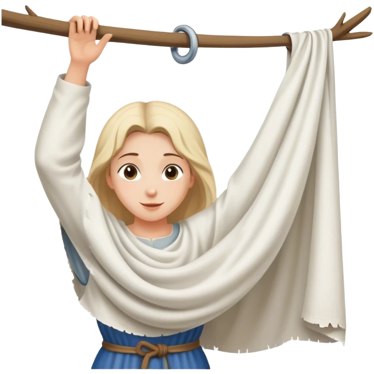 young washerwoman hanging large white cloth spread out, age medieval emoji