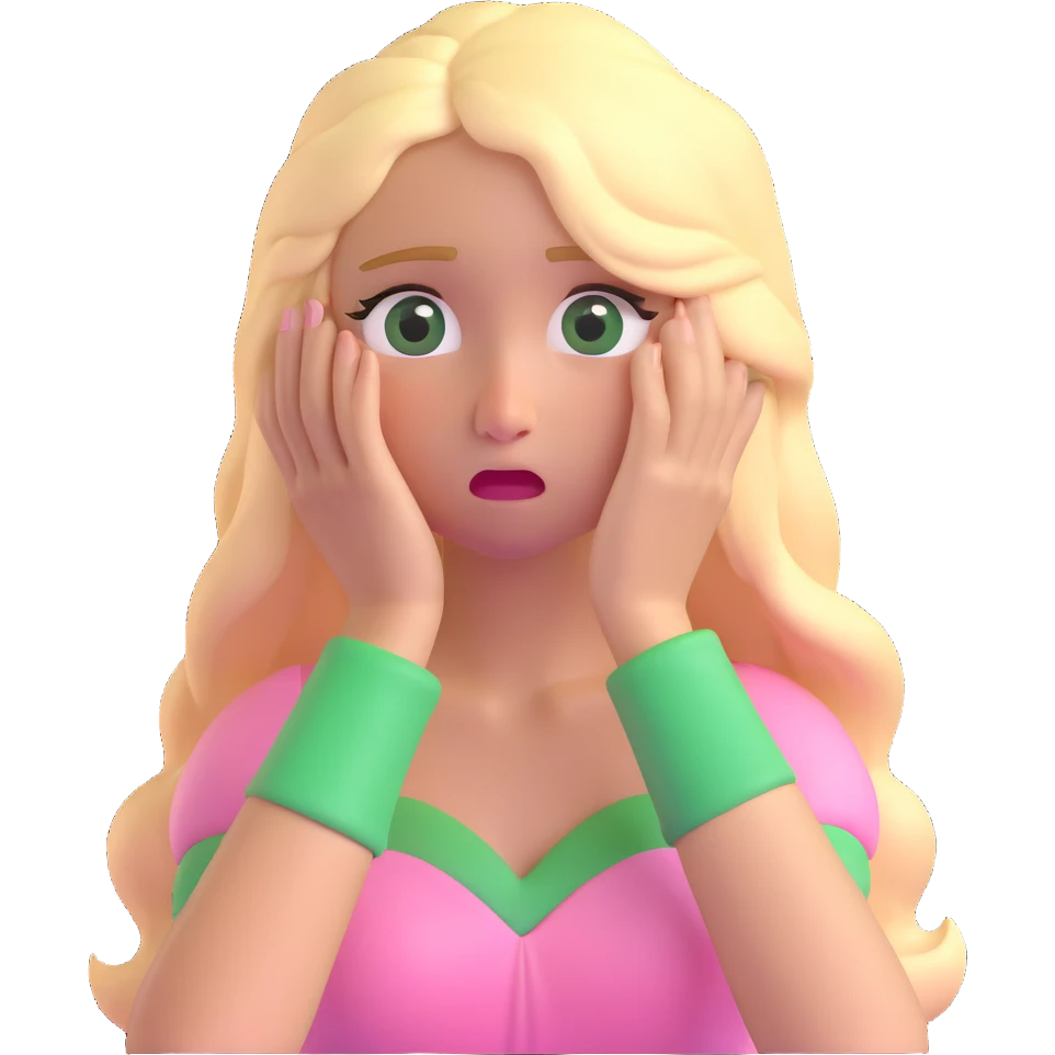 blonde with long hair and swamp eyes in a pink pastel dress, crying, 3D iOS realistic emoji style emoji