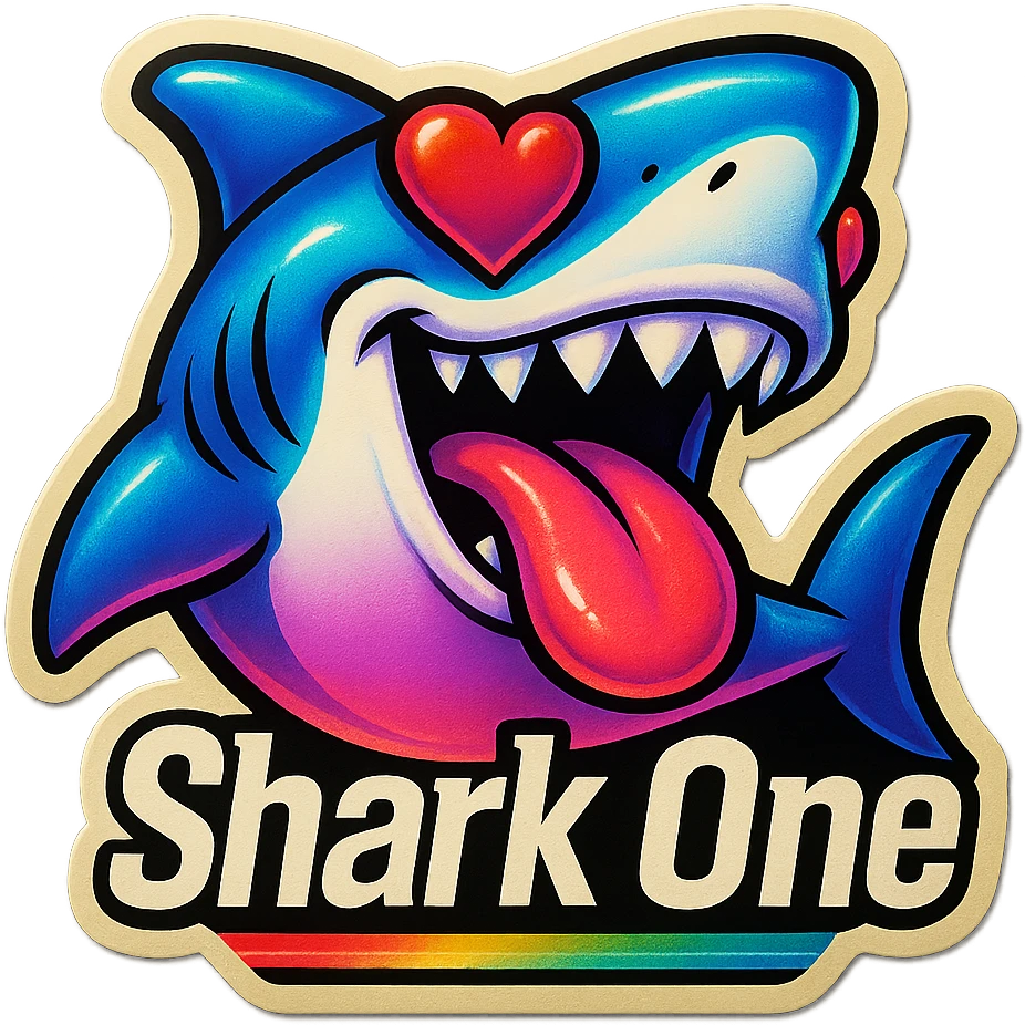 mouth open with tongue out heart shaped eye add the words “ Shark One " in White emoji