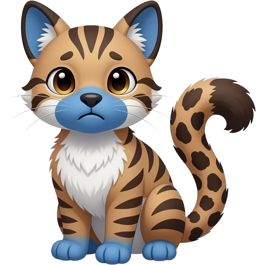 realistic sad precious cute young vertical-dark-brown-striped-and-vertical-white-striped Fakémon-Pokémon-feline-Zeraora-vernid-serval-caracal-chinchilla-Cinccino-rodent-hybrid-creature (full body) with cobalt-blue muzzle, cobalt-blue puffy fluffy paws, tufted spotted lynx-ears, spotted leopard tail emoji