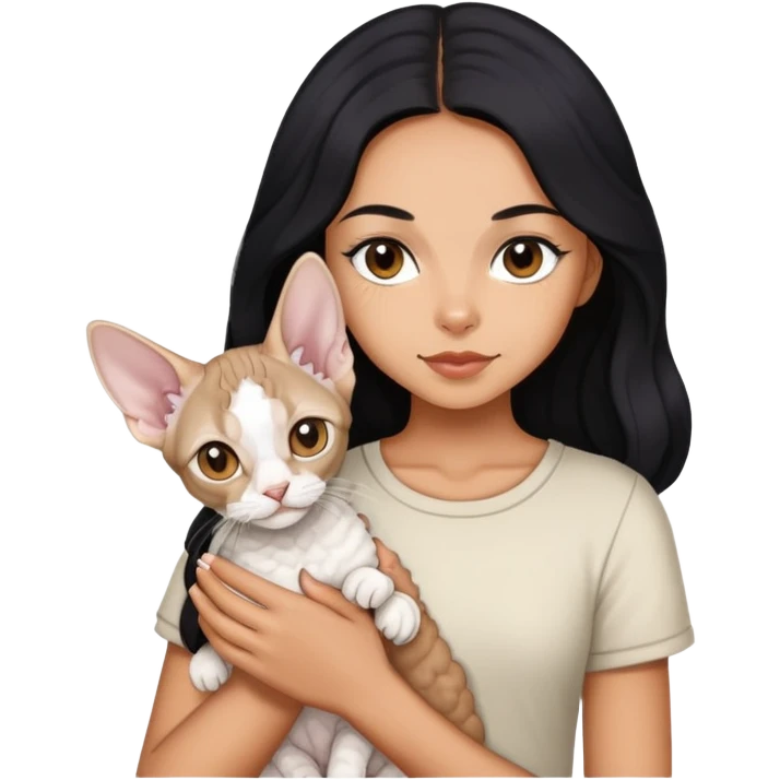 a  girl with black long hair with a white devon rex  emoji