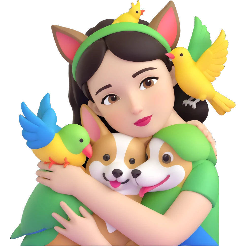 Dark short hair, dark brown eyes with pale skin and thin eyebrows girl hugging a welsh corgi. And a green-reddish lovebird on her head with yellow, blue love birds around her. emoji