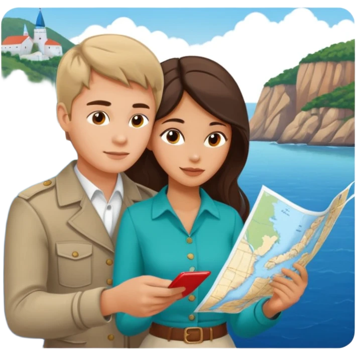 Russian young man and elegant fair-skinned Latina girl in costal outfits with a map planning  emoji