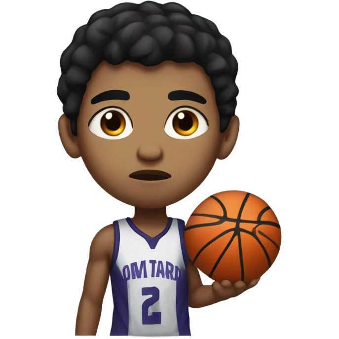 Boy with a basketball serious, black hair, black eyes emoji