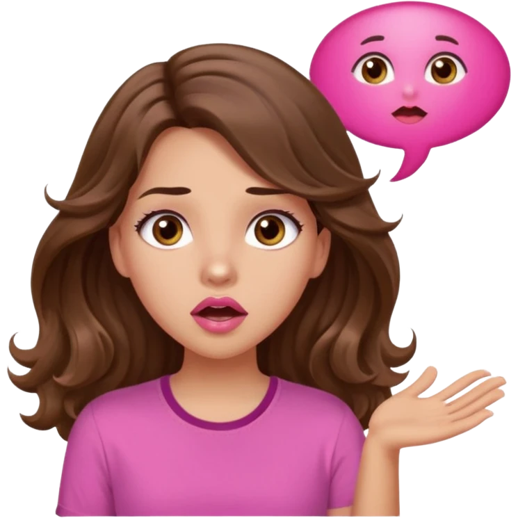 girl with long wavy brown hair, brown eyes, light to medium complexion, in a pink shirt, pink lips, long lashes, surprised, wow speech bubble emoji